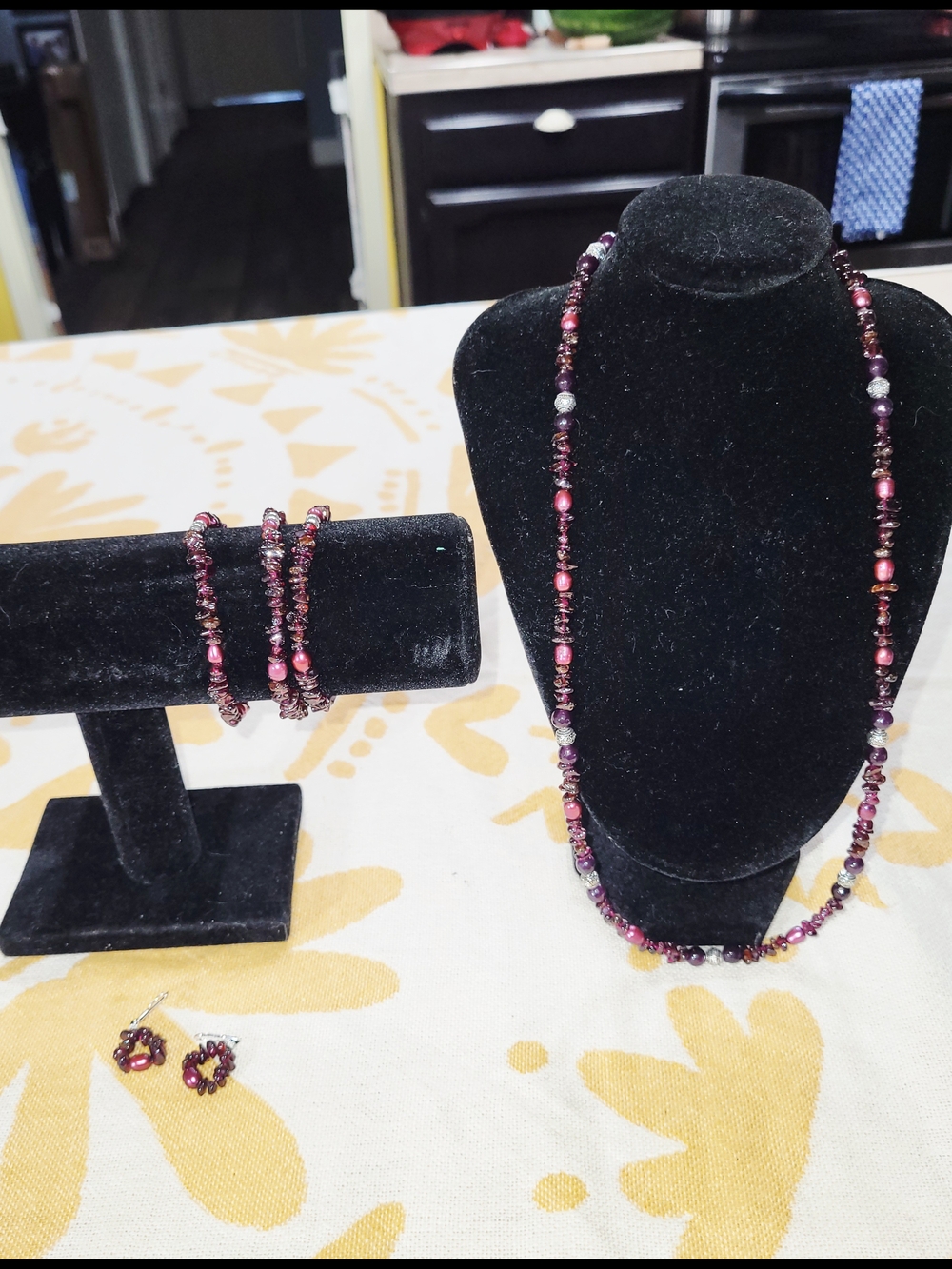 Natural Semi Precious  Beaded Necklace, Bracelet & Earring Set